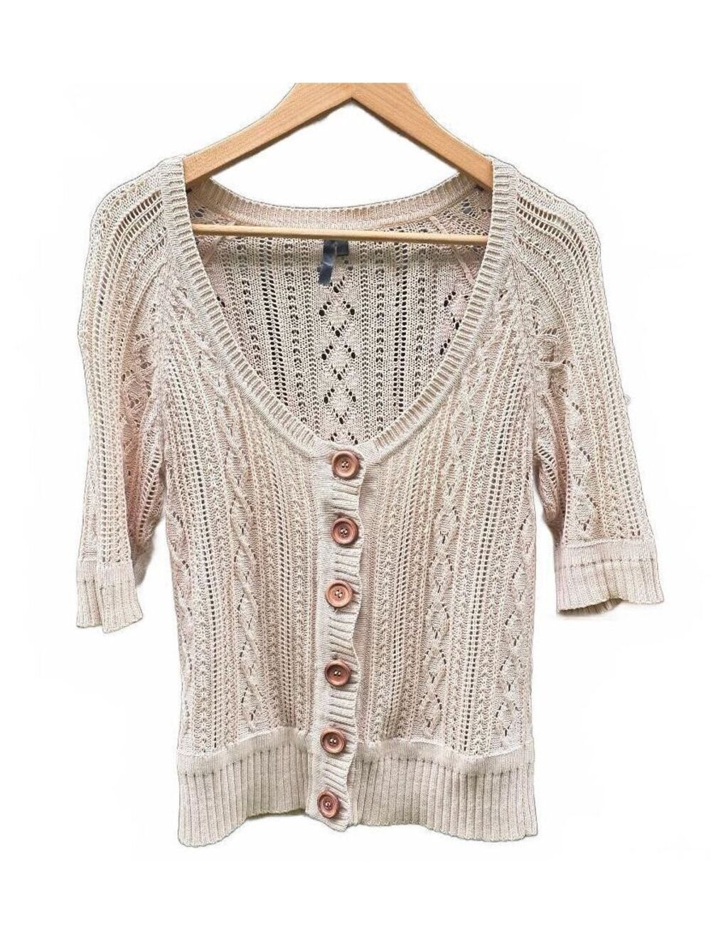 Glassons Beige 100% Cotton Diamond Pointelle Open Knit Cardigan Top Med/Lg